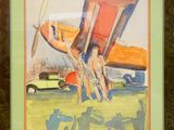 tableau représentant un homme debout devant un avion, avec une femme à côté