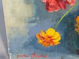 a painting of flowers in a blue vase on a table