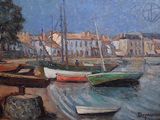 a painting of boats in a harbor with buildings in the background