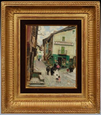 an image of a painting of a street scene in a gold frame