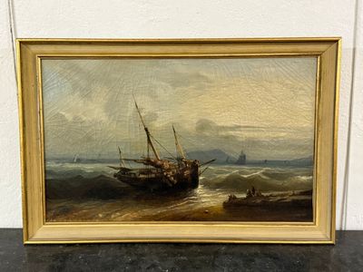 an oil painting of a ship in the ocean on a table
