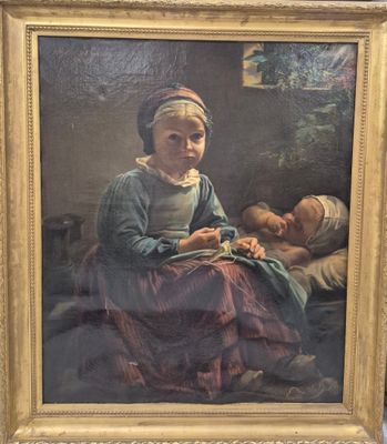 un vieux tableau représentant une femme assise sur un lit, un bébé sur les genoux