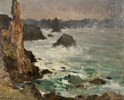 an image of a painting of a rocky cliff by the ocean