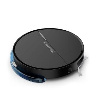 une image représentant un aspirateur robot noir et bleu posé sur une surface blanche