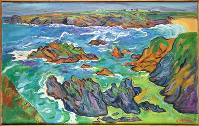 une peinture à l'huile représentant une vue de l'océan depuis une falaise