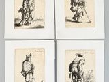 quatre gravures représentant des hommes avec des chapeaux et des cannes, posées sur une table