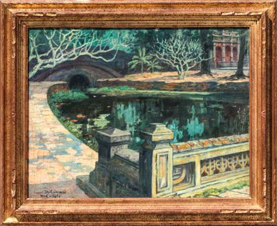 une peinture à l'huile représentant un pont au-dessus d'un étang, avec des arbres en arrière-plan