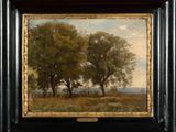 an oil painting of two trees in a field with a sky in the background