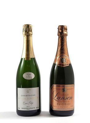 deux bouteilles de champagne posées l'une à côté de l'autre sur une surface blanche