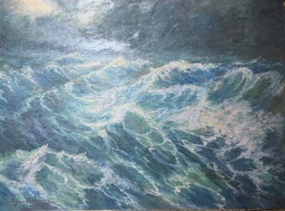 painting of a painting of a large body of water with waves in it
