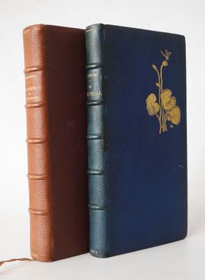 an old book with a blue cover and a brown book with a flower on it