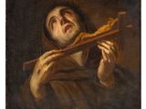 a painting of a man holding a stick in his hands