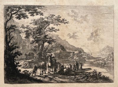 drawing of a group of people riding horses in a wooded area