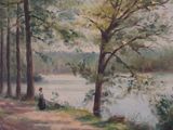 a painting of a woman sitting on a bench by the water