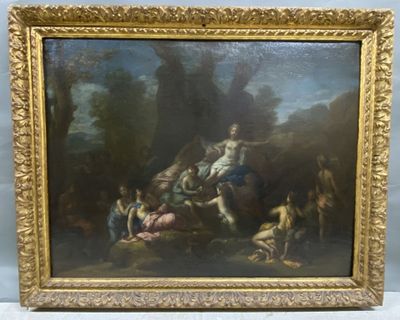 un vieux tableau représentant un homme à cheval, tiré par des hommes