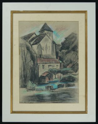 dessin représentant une maison au bord d'une rivière, avec un bateau devant