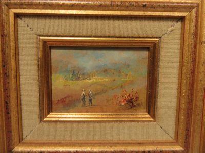 a painting of a man riding a horse in a field