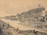 drawing of people fishing on a river with a bridge in the background