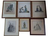 six reproductions encadrées représentant des femmes en robe et chapeau sur fond blanc