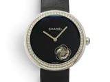 chanel watch with black leather strap and diamond bezel