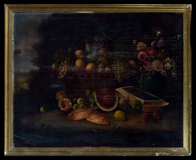 painting of a still life of fruit and vegetables on a table