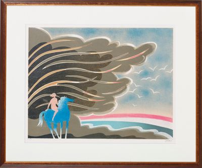 tableau représentant une femme à cheval, avec un arc-en-ciel en arrière-plan