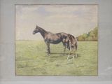 a painting of a horse and a foal in a field