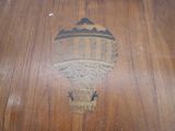 a picture of a wooden table with a hot air balloon painted on it