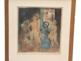 tableau représentant un groupe de nus vêtus d'une robe bleue et un homme coiffé d'un chapeau bleu
