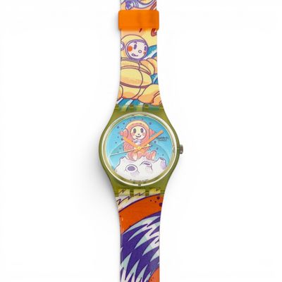 un gros plan d'une montre-bracelet sur laquelle figure un personnage de bande dessinée
