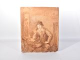une vieille photo d'une femme assise à une table avec un livre