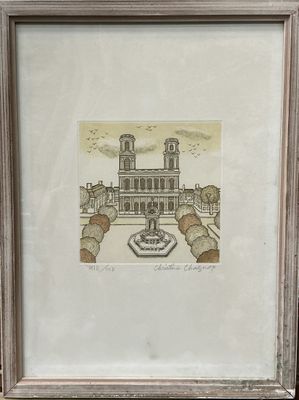photo encadrée représentant un bâtiment devant lequel se trouve une fontaine