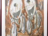 a picture of a painting of two people riding bicycles
