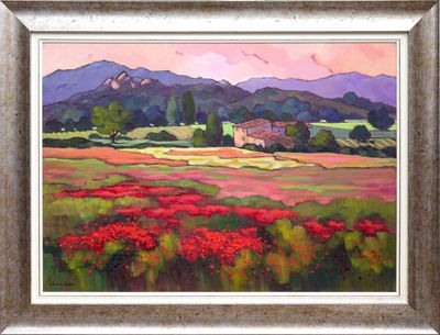 a painting of a field with red flowers and mountains in the background