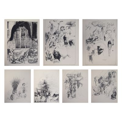 six dessins représentant des personnes et des animaux dans diverses poses, sur fond blanc