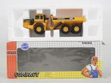 a yellow toy truck with a construction worker in the back