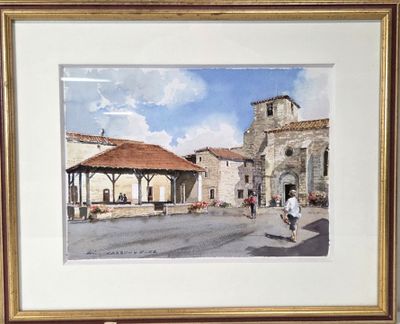 painting of a man walking down a street in front of a building