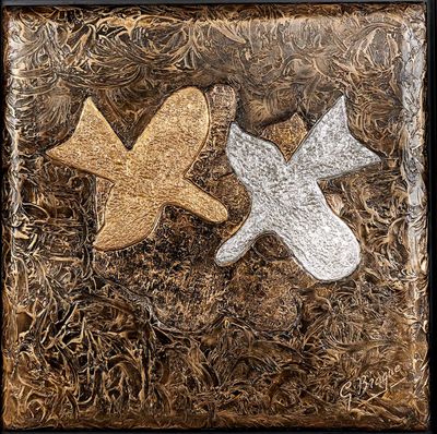 tableau représentant deux papillons sur un fond marron, encadré de noir