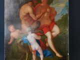 painting of a group of nudes hanging on a wall next to a wooden easel