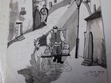 a drawing of a man riding a horse down the street