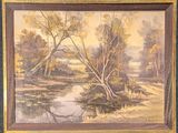 painting of a landscape with trees and a river in the foreground