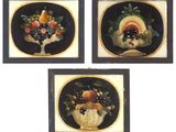 three framed paintings of fruit in a basket on a white background