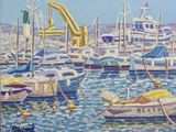painting of boats in a harbor with a crane in the background