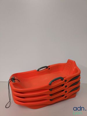 three orange plastic baskets with handles on a white surface