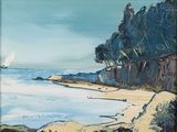 une peinture à l'huile représentant une scène de plage avec un voilier sur l'eau