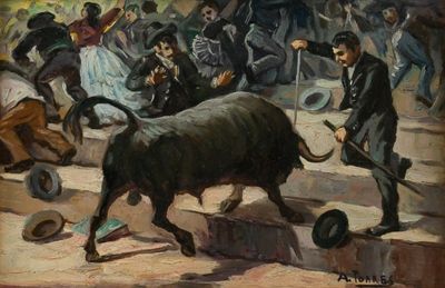 un tableau représentant un taureau poursuivi par un homme