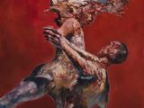 a painting of a man and a woman floating in the water