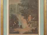 an old picture of a painting of people in a garden