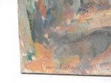 a painting on the wall of a room with a painting of a woman and a cat
