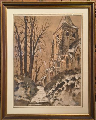 tableau représentant une église dans un paysage enneigé, avec des arbres au premier plan
